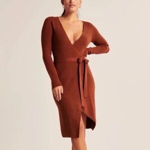 Wrap-Style V-Neck Long Sleeve Dress in Burnt Brown